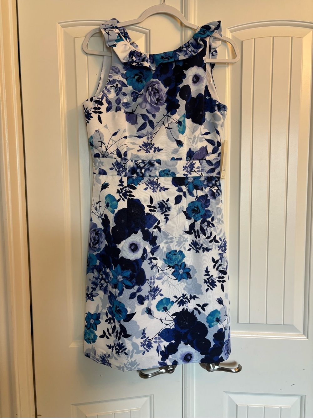 Eliza J White Dress with Blue Floral Print and Ruffle Neck